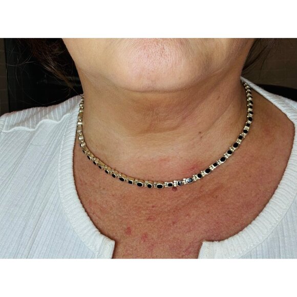 Estate Sterling Silver 925 Black Enamel Fancy Link Choker Necklace 16" 31.2g - Picture 3 of 7